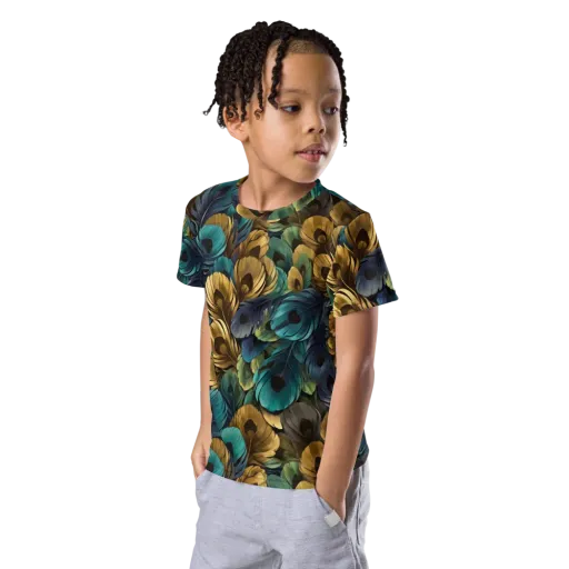 Peacock Afterglow on a Kids Crew Neck T-Shirt