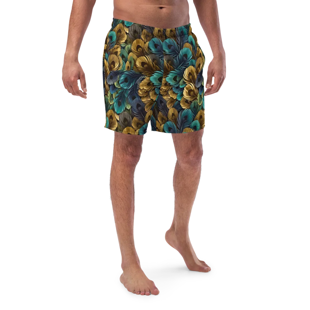 Peacock Afterglow on Swim Trunks — Front