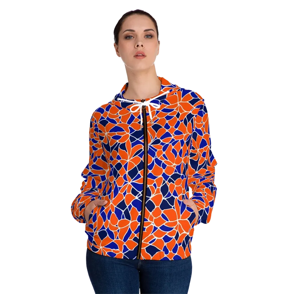 Navy Bloom Circuit on Women's Full-Zip Hoodie — Front On Person