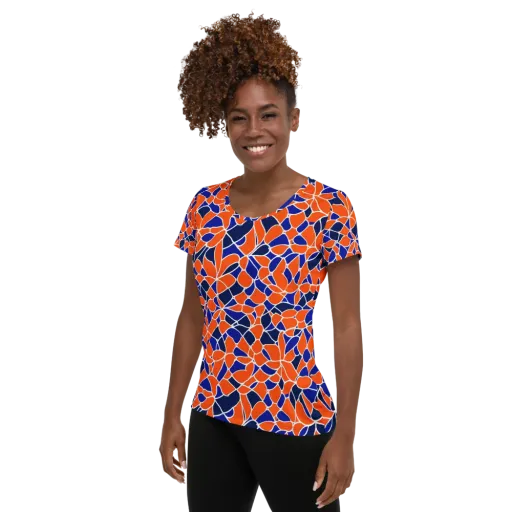 Navy Bloom Circuit on a Women's Athletic T-Shirt