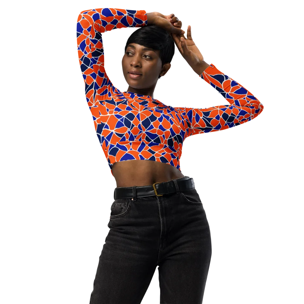 Navy Bloom Circuit on Long Sleeve Crop Top — Front