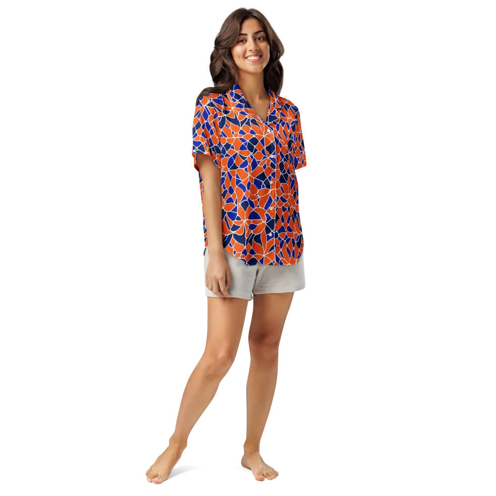 Navy Bloom Circuit on Women's Short Sleeve Pajama Top — Front
