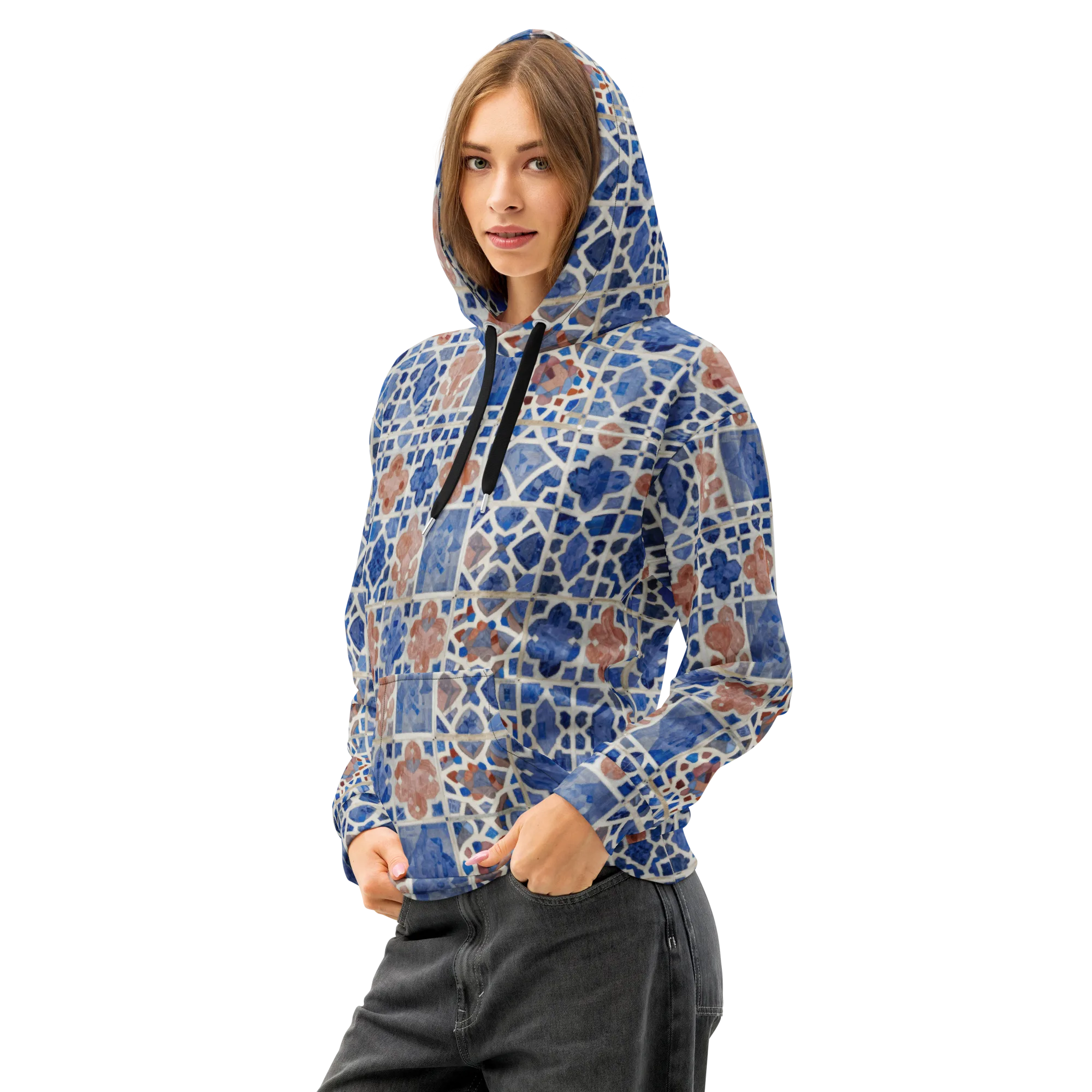 Azure Mosaic on Cotton Hoodie — Left Front