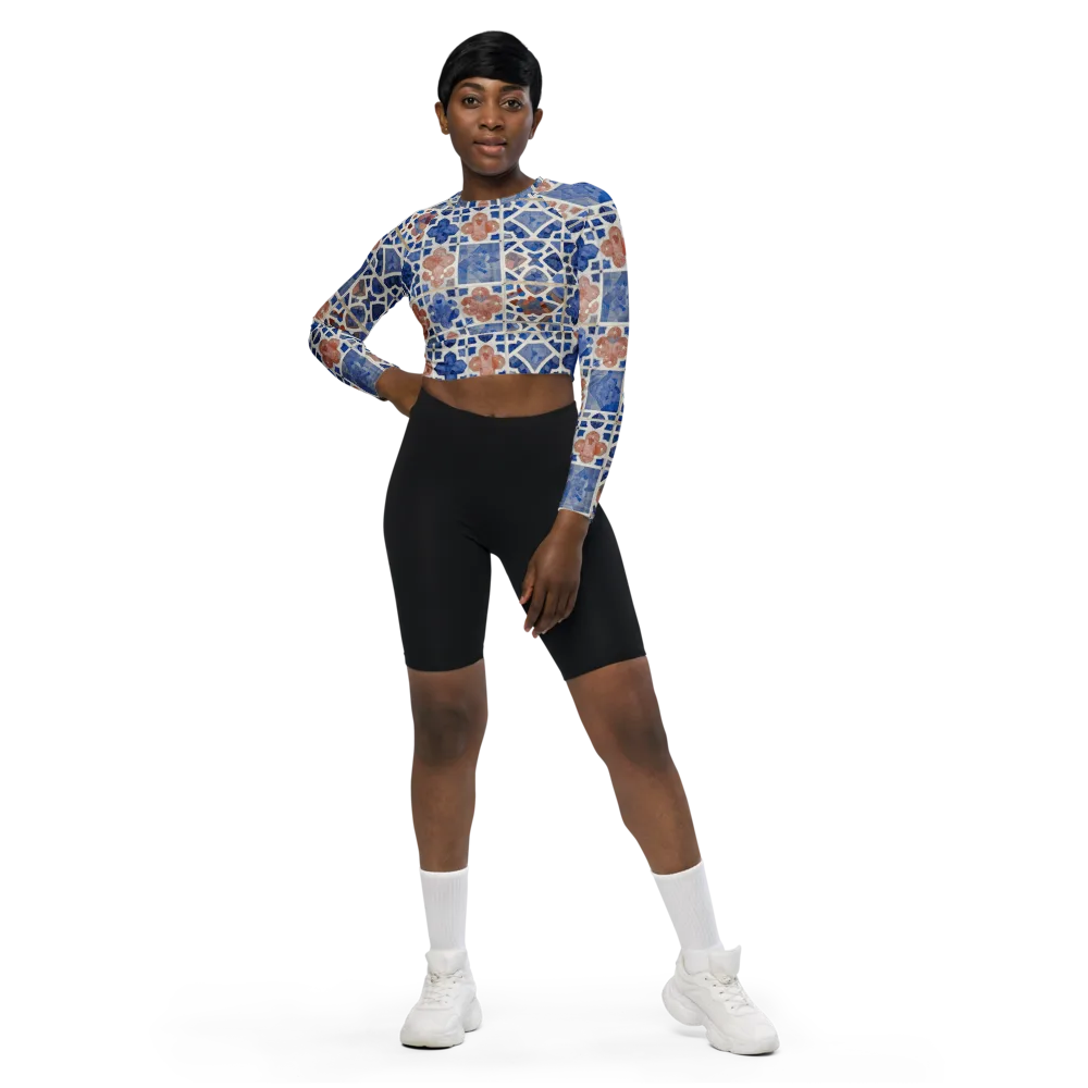Azure Mosaic on Long Sleeve Crop Top — Front