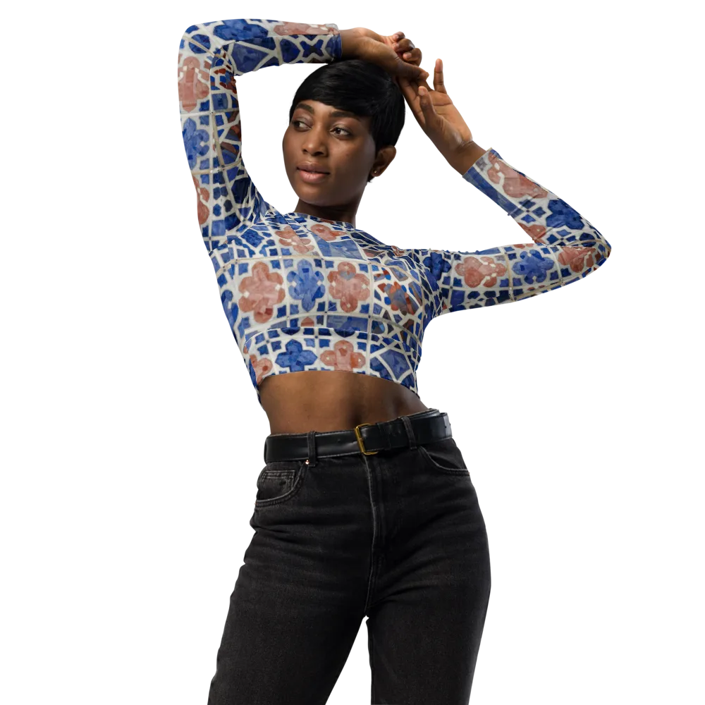 Azure Mosaic on Long Sleeve Crop Top — Front
