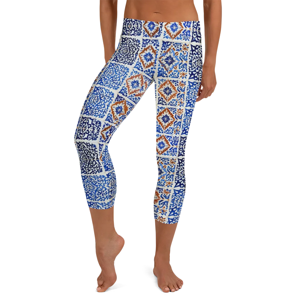 Indigo Tilework on Capri Leggings — Front