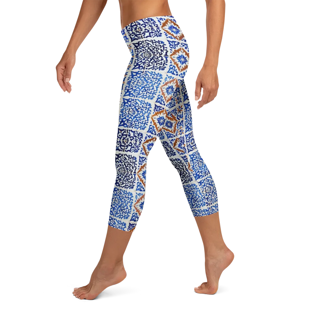 Indigo Tilework on Capri Leggings — Left