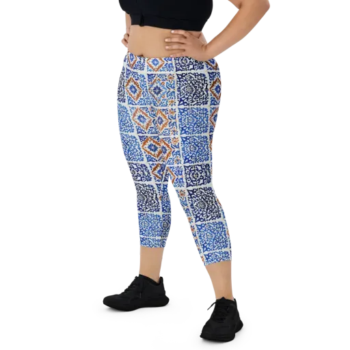 Indigo Tilework on a Capri Leggings