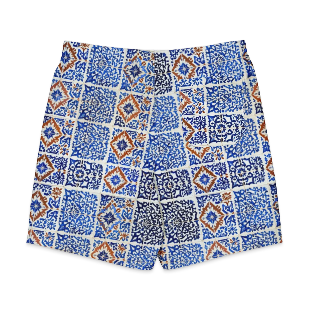 Indigo Tilework on Men's Board Shorts — Back