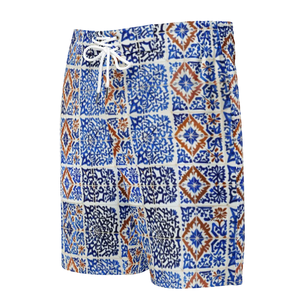 Indigo Tilework on Men's Board Shorts — Front