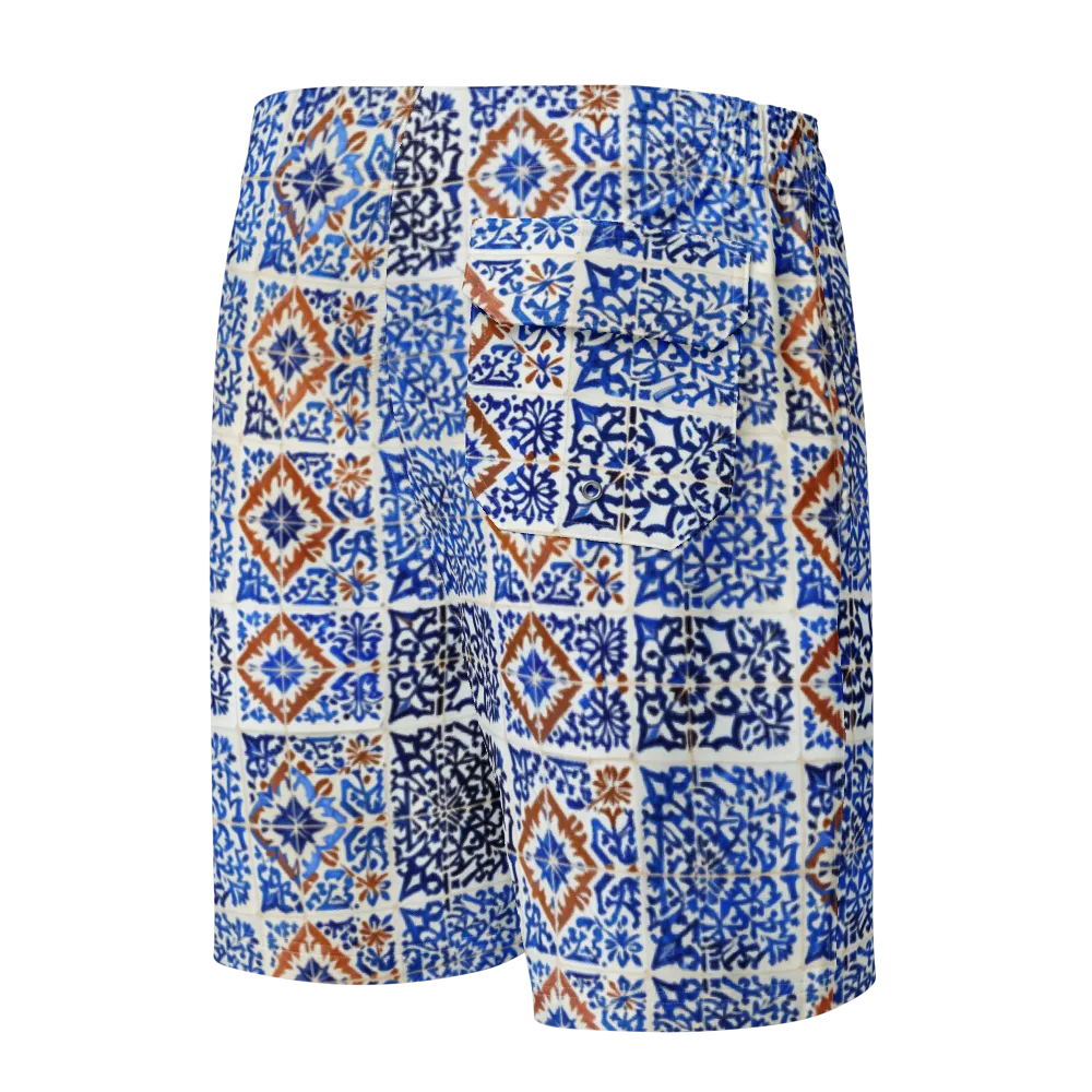 Indigo Tilework on Men's Board Shorts — Back