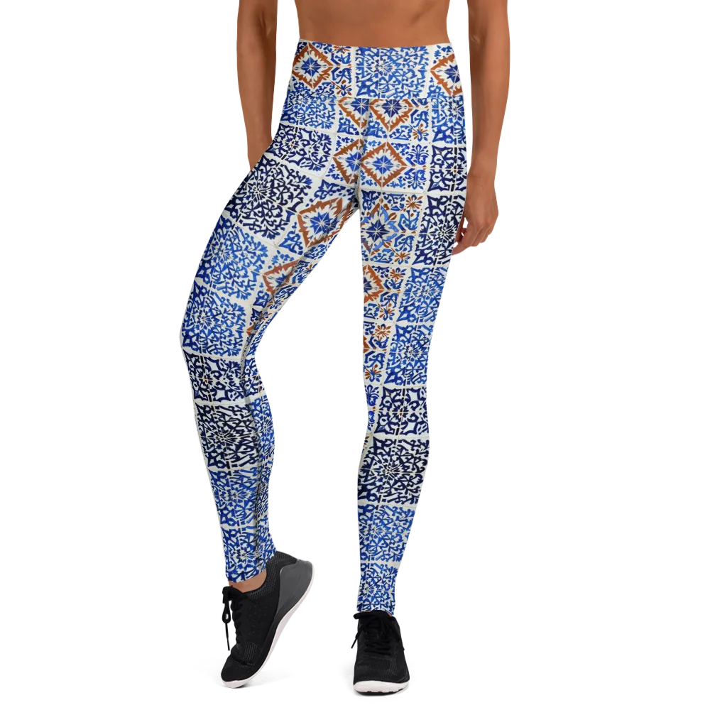 Indigo Tilework on Yoga Leggings — Front