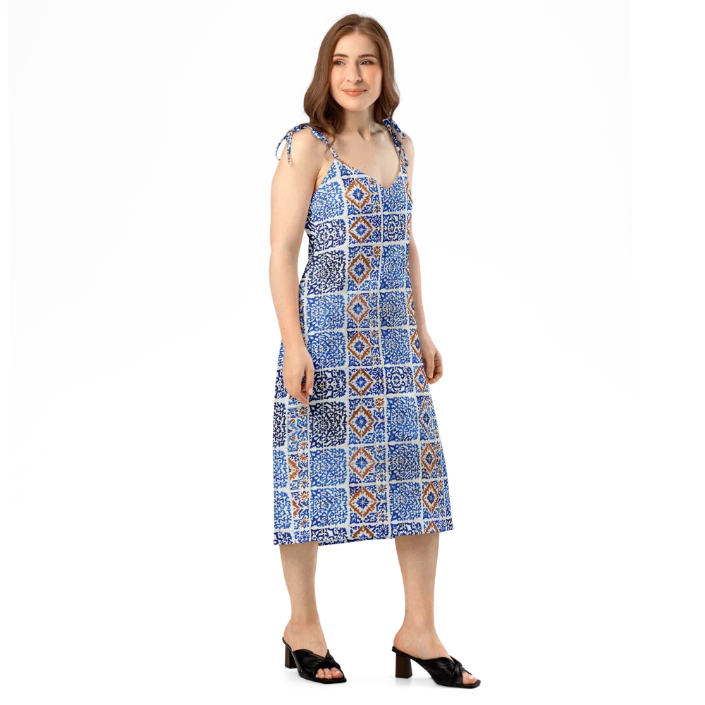 Indigo Tilework on Slip Dress — Right Front