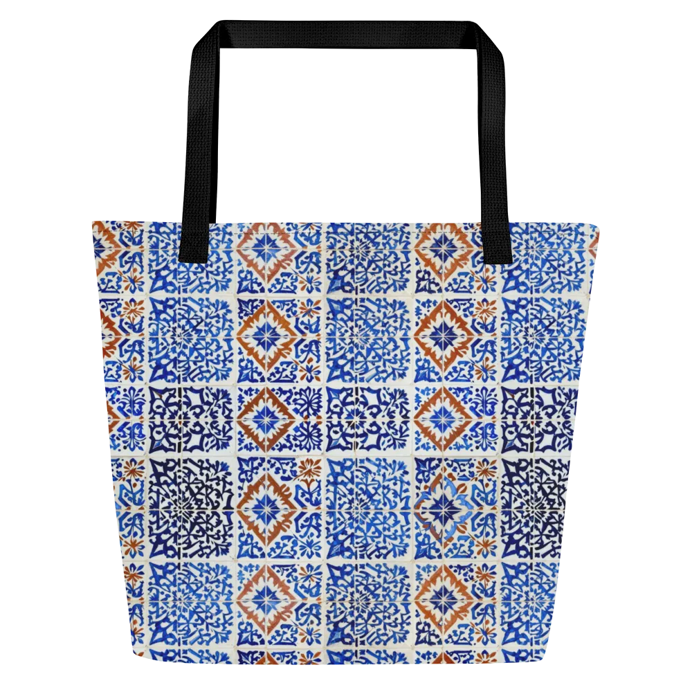 Indigo Tilework on Large Tote Bag W/ Pocket — Front