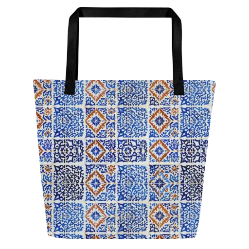 Indigo Tilework on a Large Tote Bag W/ Pocket