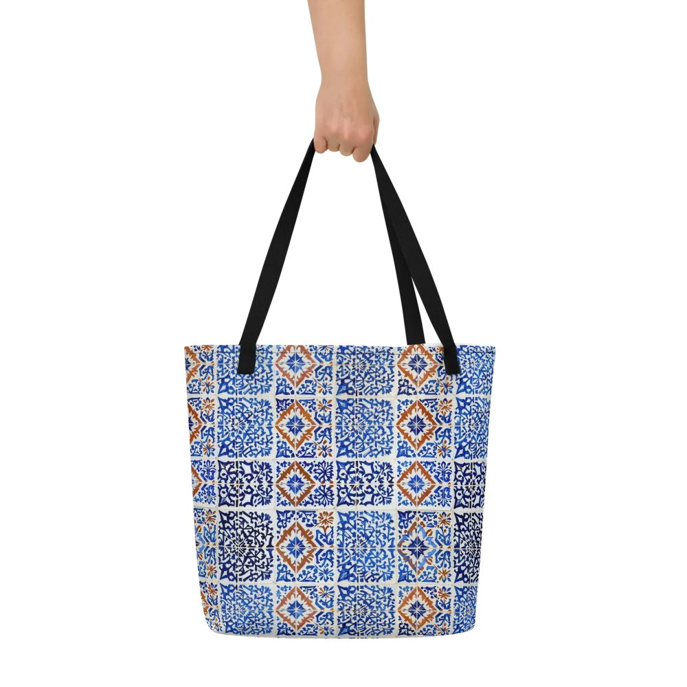 Indigo Tilework on Large Tote Bag W/ Pocket — Front