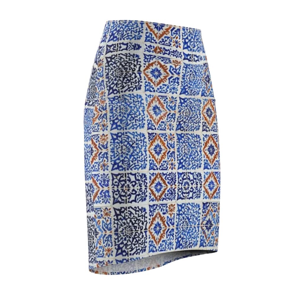 Indigo Tilework on Pencil Skirt — Front Side
