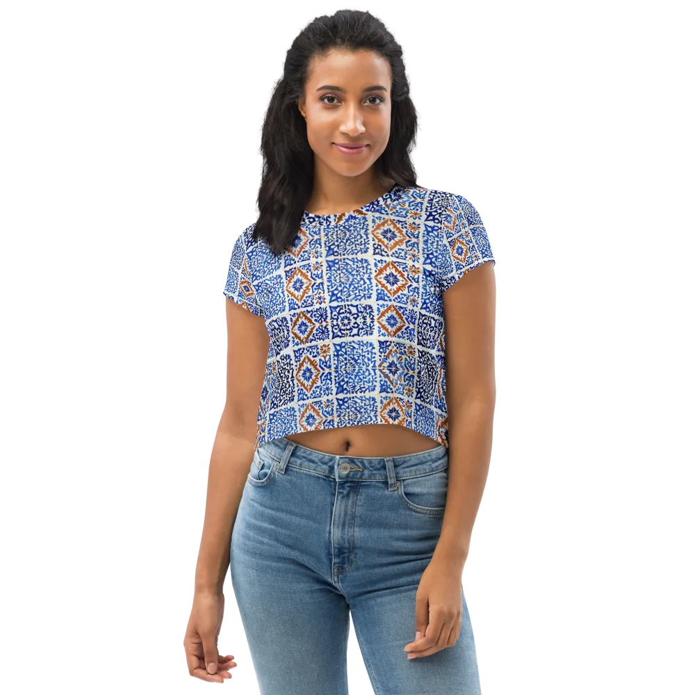 Indigo Tilework on Crop Tee — Front