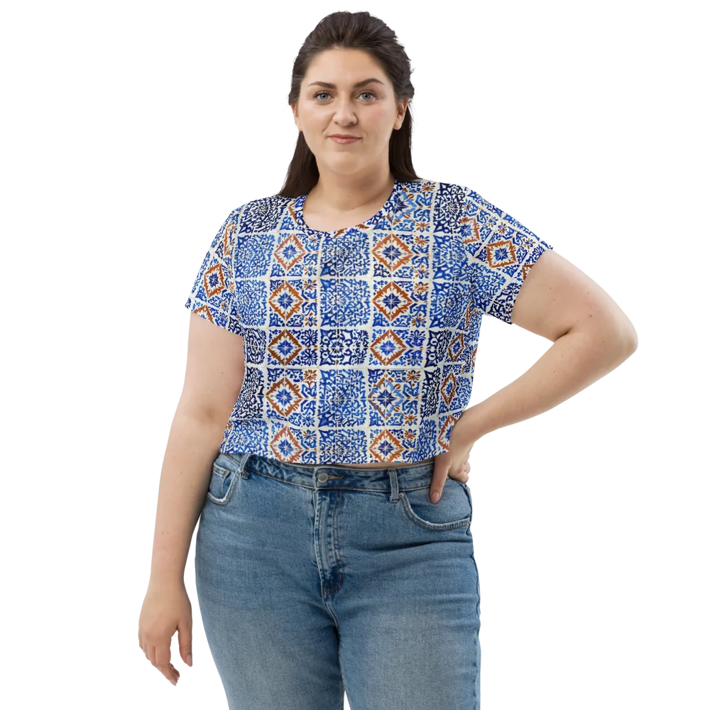 Indigo Tilework on Crop Tee — Front