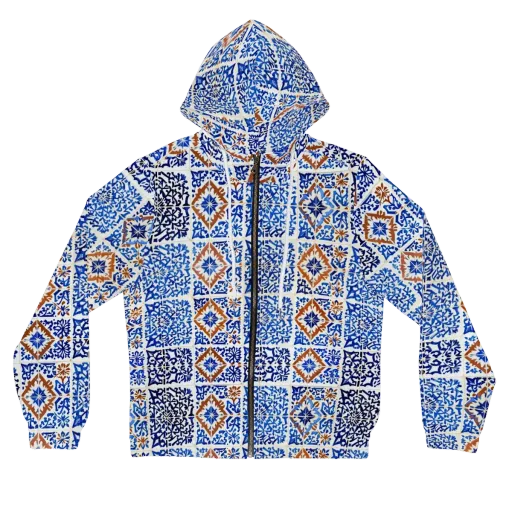 Indigo Tilework on a Women's Full-Zip Hoodie
