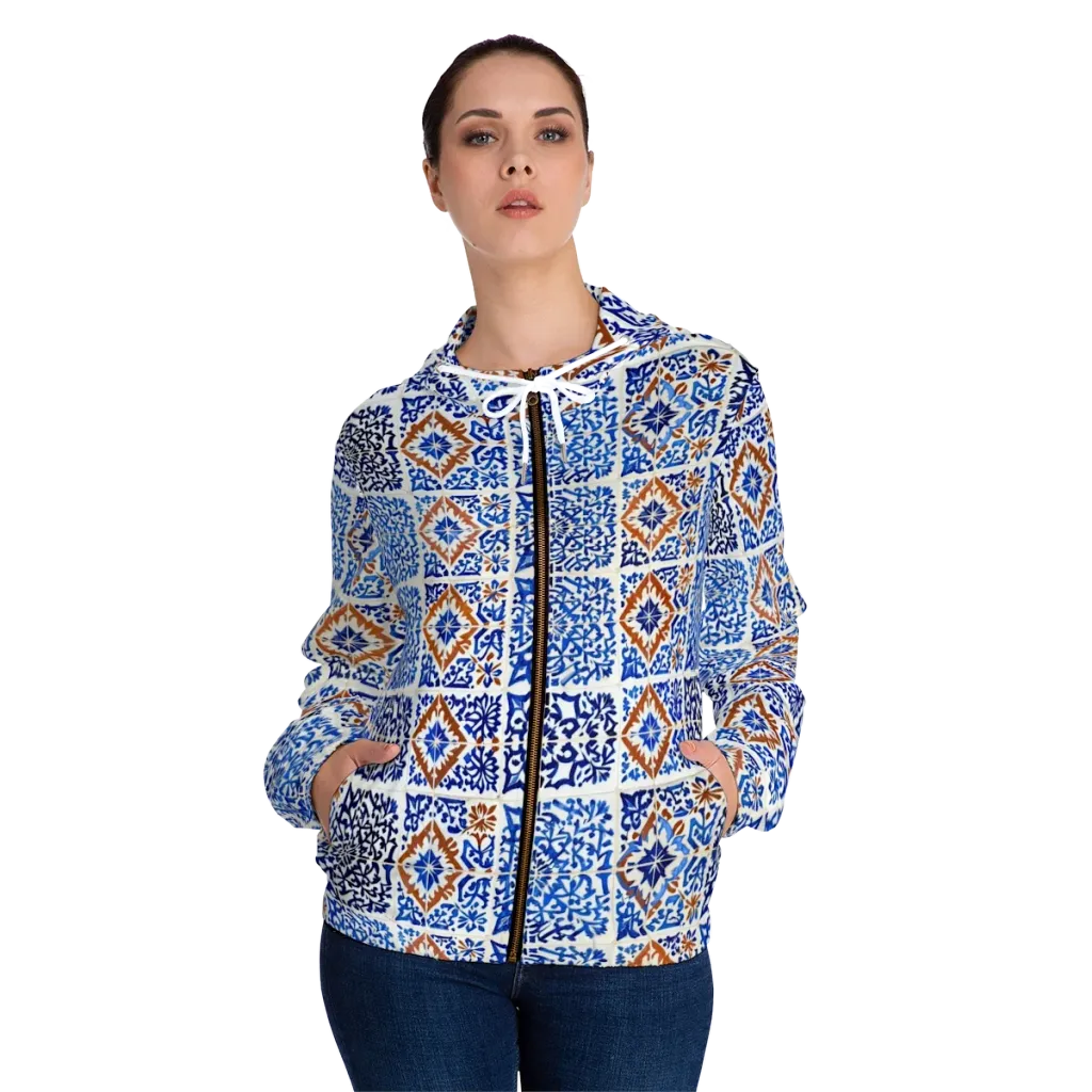 Indigo Tilework on Women's Full-Zip Hoodie — Front On Person