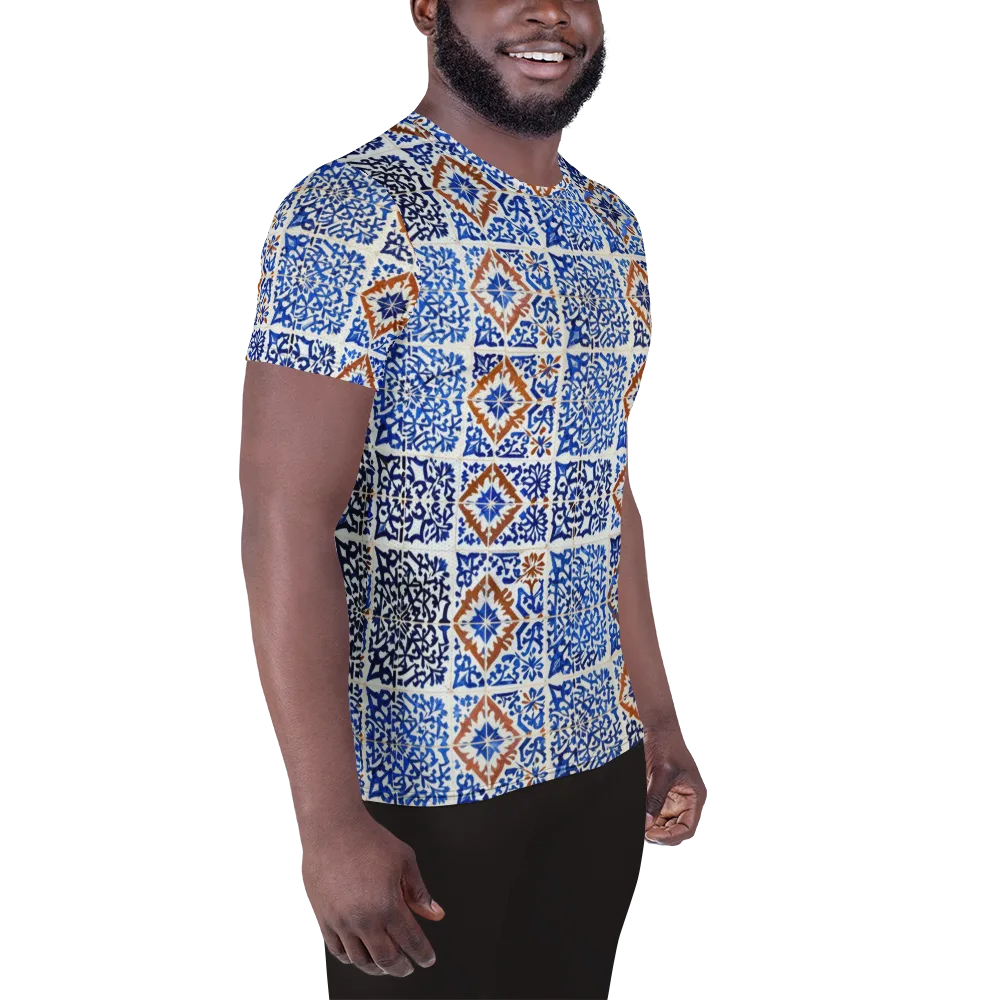 Indigo Tilework on Men's Athletic T-Shirt — Right
