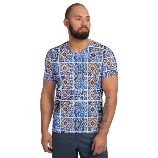 Indigo Tilework on a Men's Athletic T-Shirt