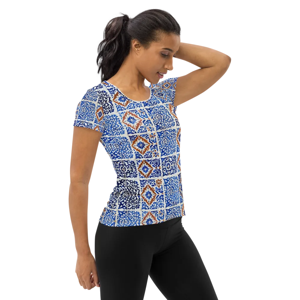 Indigo Tilework on Women's Athletic T-Shirt — Right