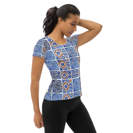 Indigo Tilework on a Women's Athletic T-Shirt