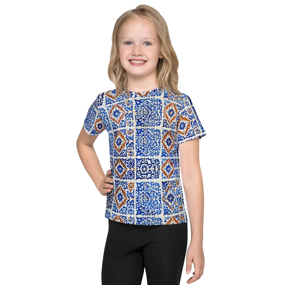 Indigo Tilework on Kids Crew Neck T-Shirt — Front