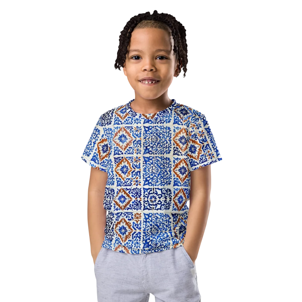 Indigo Tilework on Kids Crew Neck T-Shirt — Front