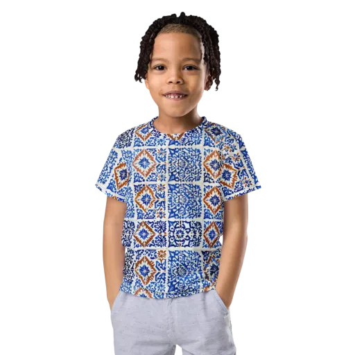 Indigo Tilework on a Kids Crew Neck T-Shirt