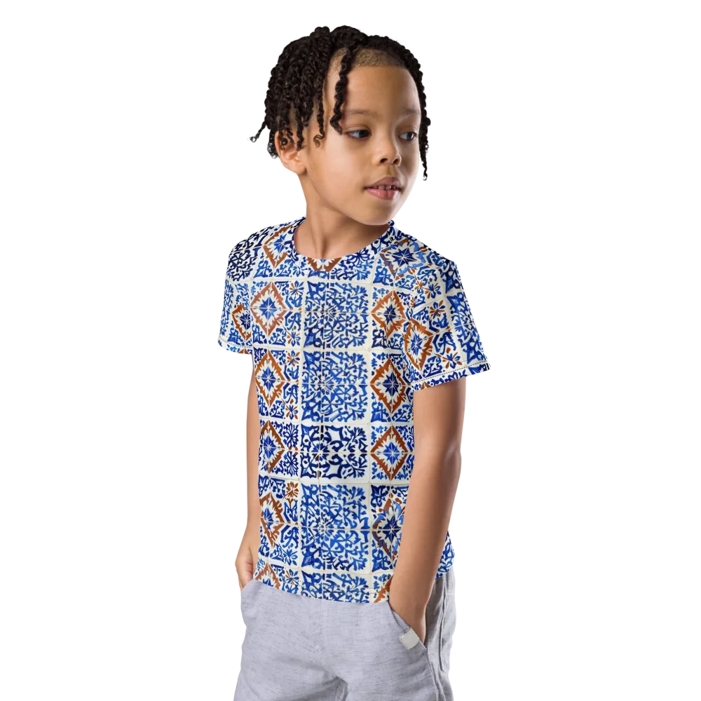Indigo Tilework on Kids Crew Neck T-Shirt — Left Front