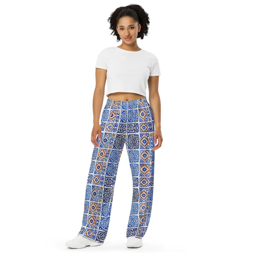 Indigo Tilework on Wide-Leg Pants — Front