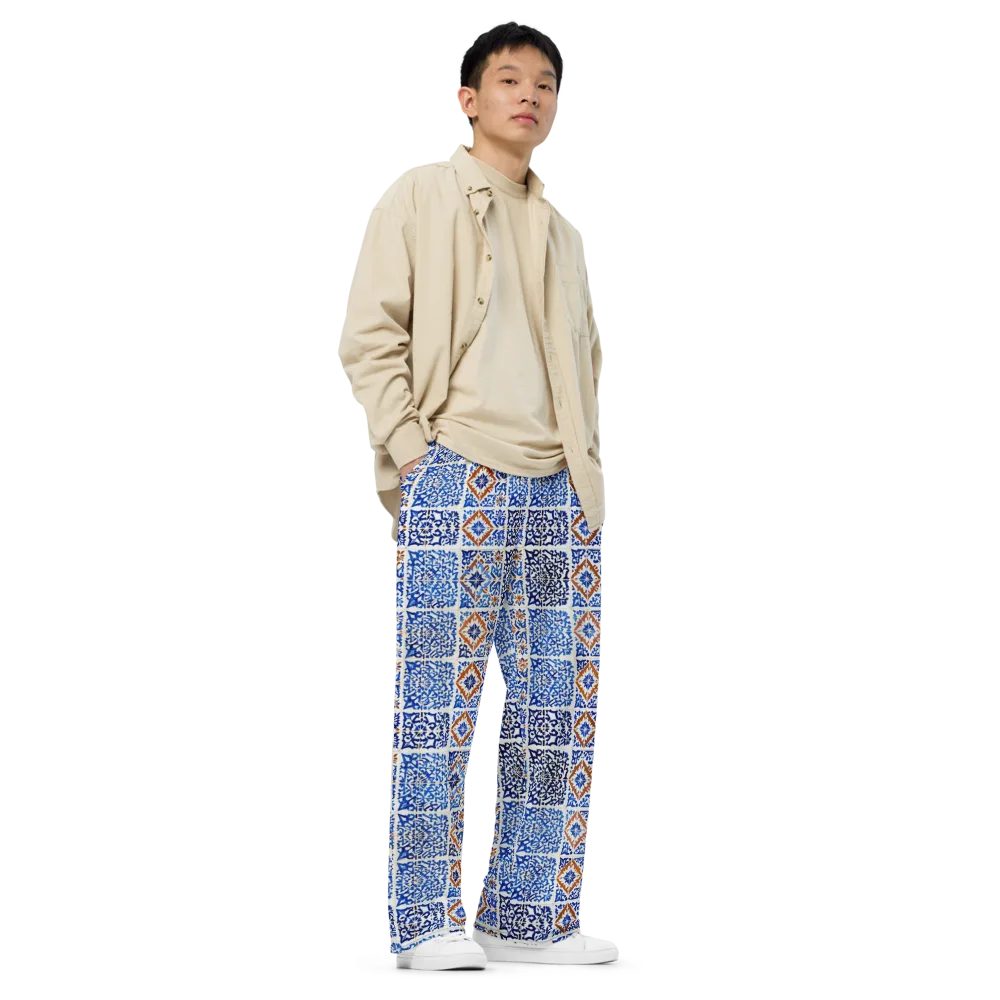 Indigo Tilework on Wide-Leg Pants — Right Front