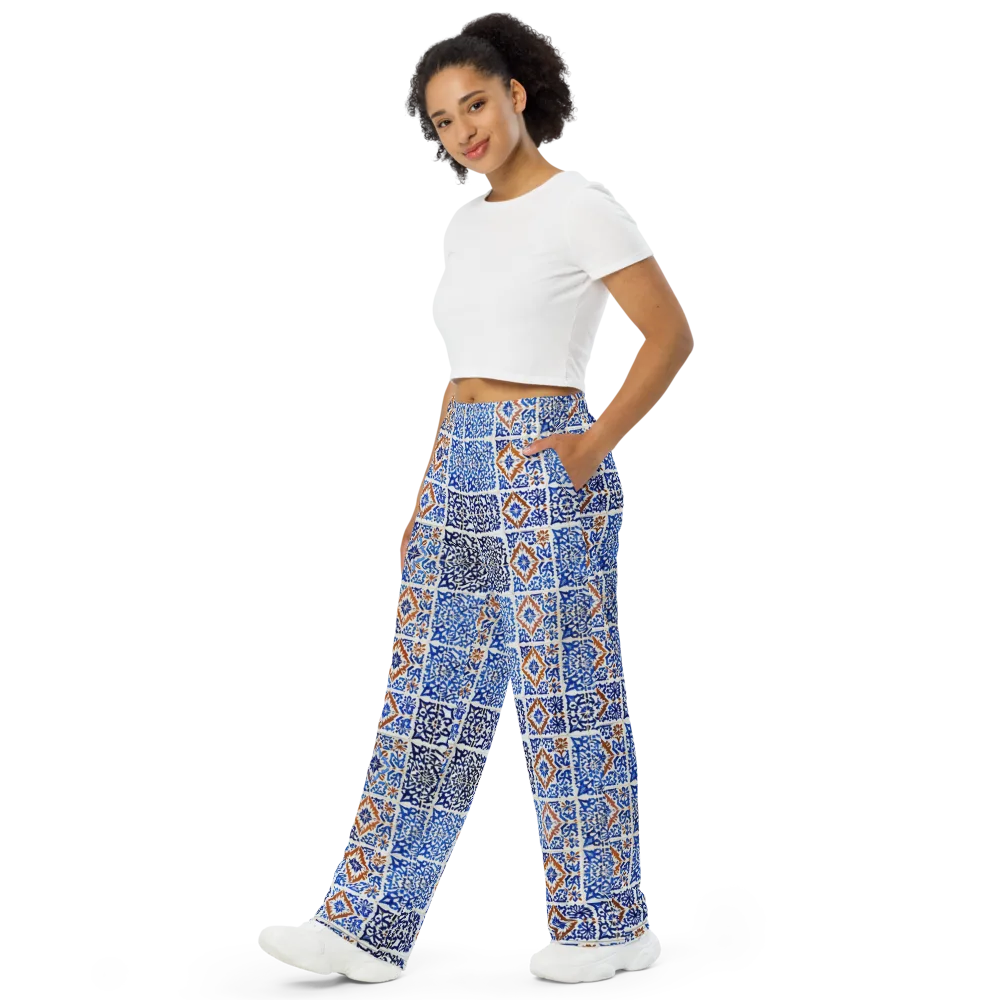 Indigo Tilework on Wide-Leg Pants — Left Front