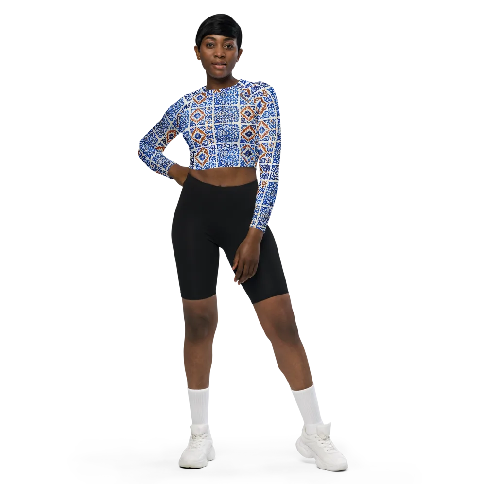 Indigo Tilework on Long Sleeve Crop Top — Front