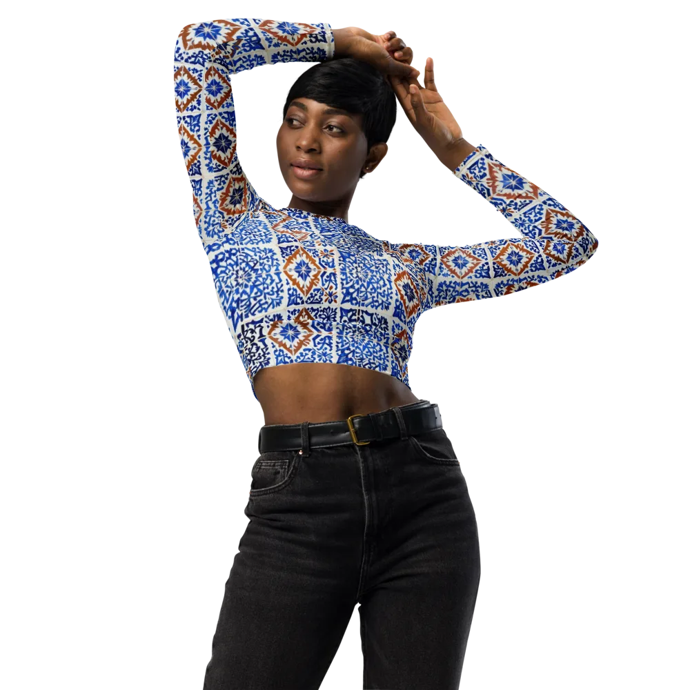 Indigo Tilework on Long Sleeve Crop Top — Front
