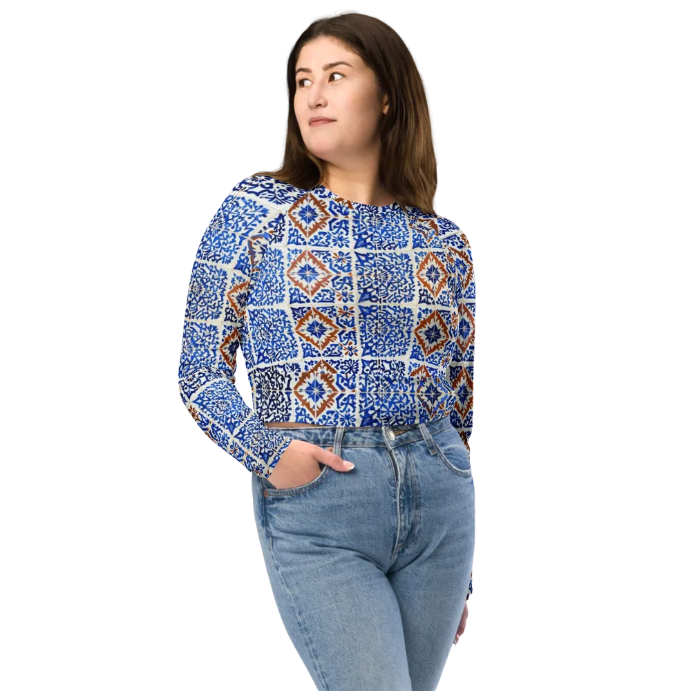Indigo Tilework on Long Sleeve Crop Top — Front
