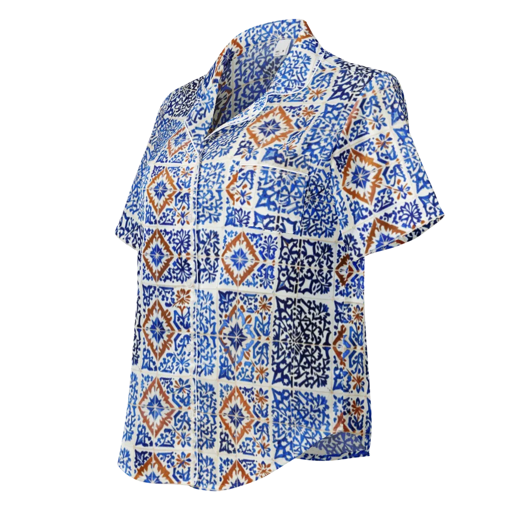 Indigo Tilework on Women's Short Sleeve Pajama Top — Left Front