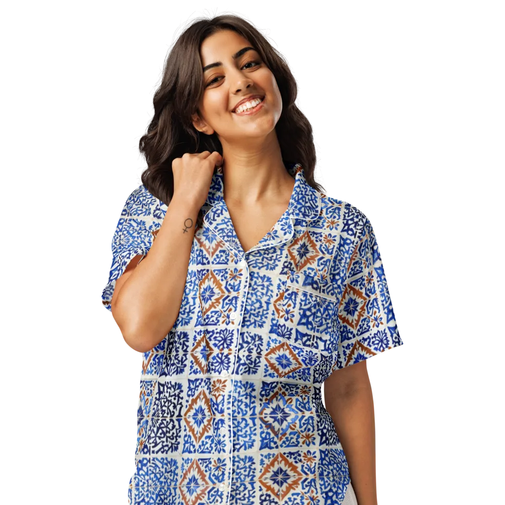 Indigo Tilework on Women's Short Sleeve Pajama Top — Front