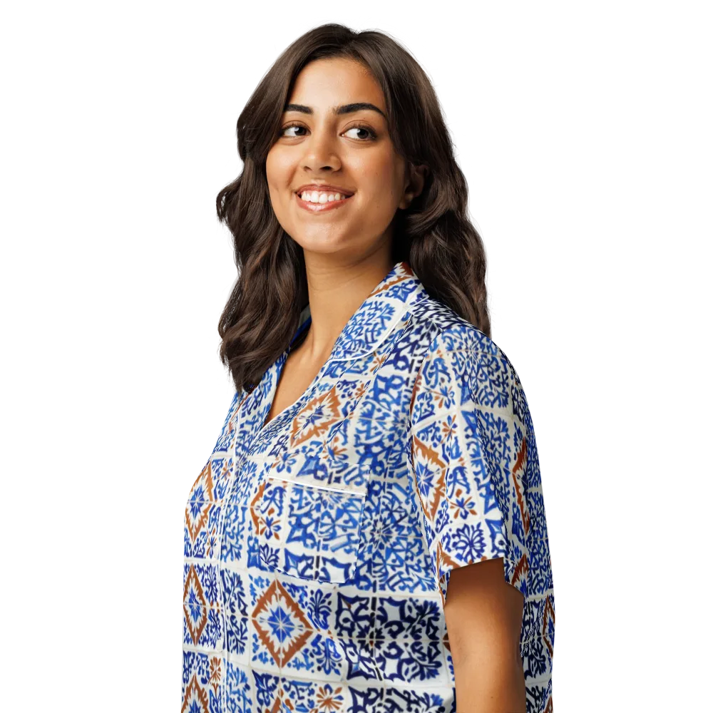 Indigo Tilework on Women's Short Sleeve Pajama Top — Left Front