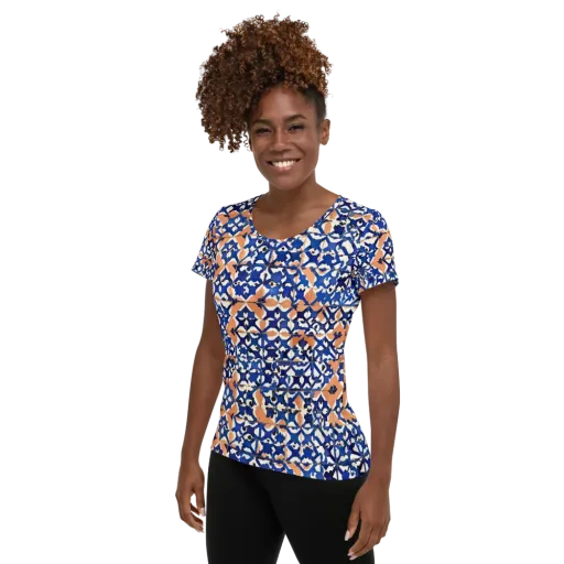 Cobalt Terrazzo on a Women's Athletic T-Shirt