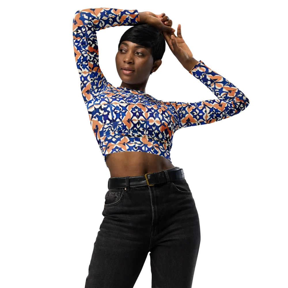 Cobalt Terrazzo on Long Sleeve Crop Top — Front