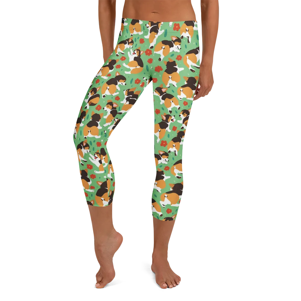 Minty Corgi Meadow on Capri Leggings — Front