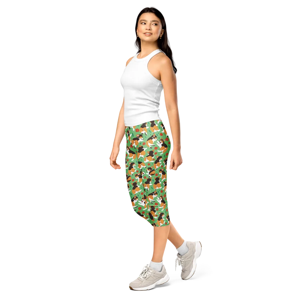 Minty Corgi Meadow on Capri Leggings — Left Front