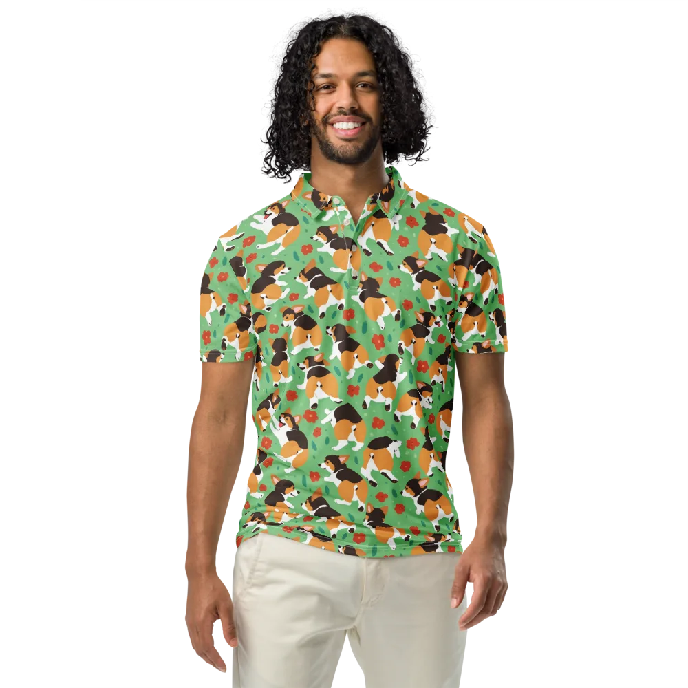 Minty Corgi Meadow on Men's Slim Fit Polo Shirt — Front