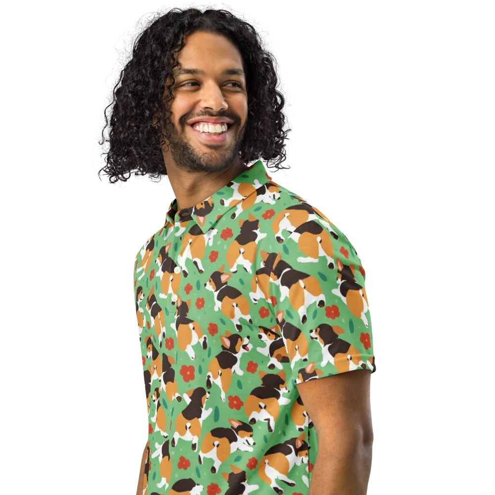 Minty Corgi Meadow on Men's Slim Fit Polo Shirt — Left Front