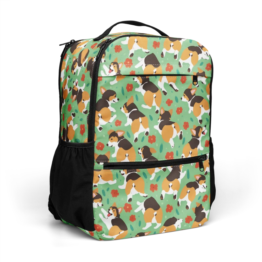 Minty Corgi Meadow on Utility Backpack — Right Front