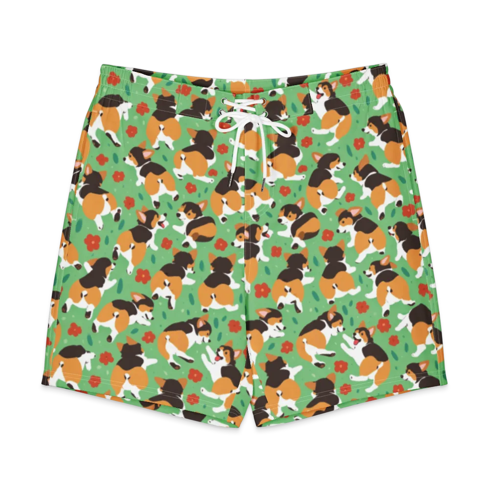 Minty Corgi Meadow on Men's Board Shorts — Front